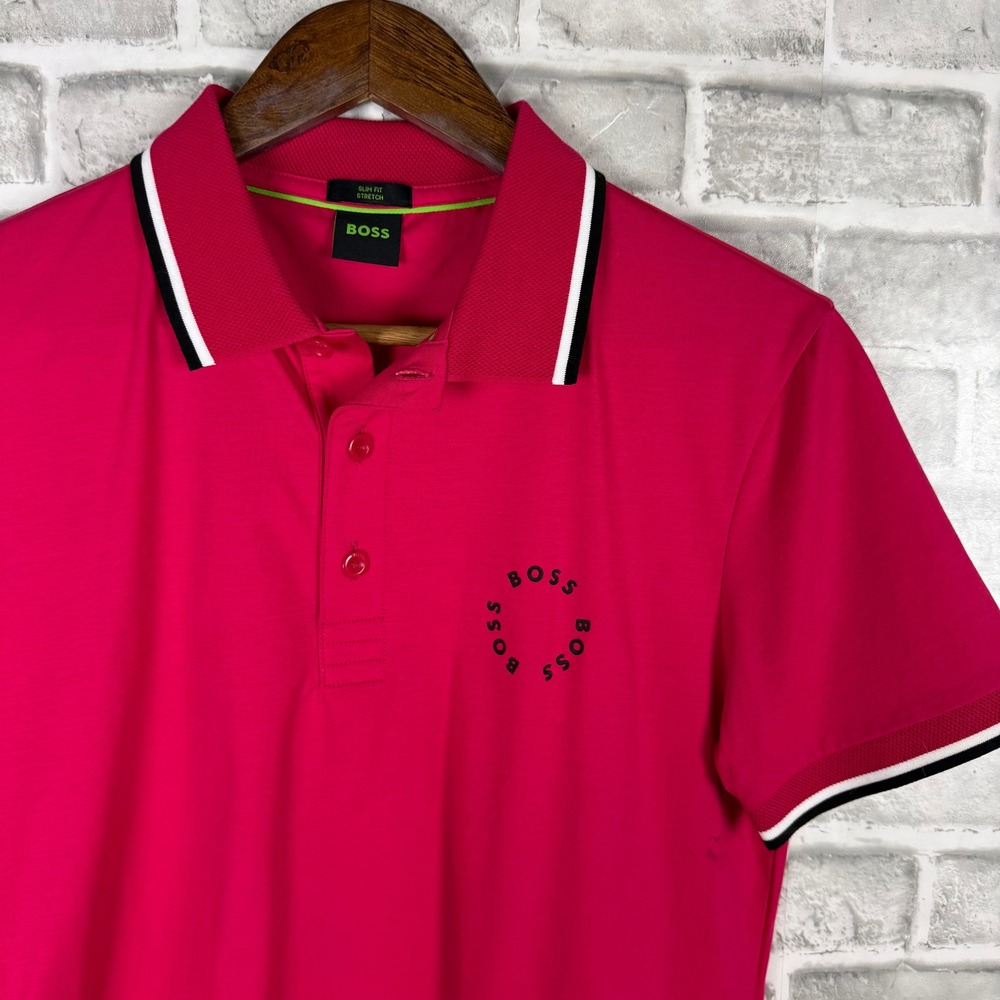 Hugo Boss Mens Slim Fit Stretch Polo Shirt Hot Pink Circle Logo Tipped Small